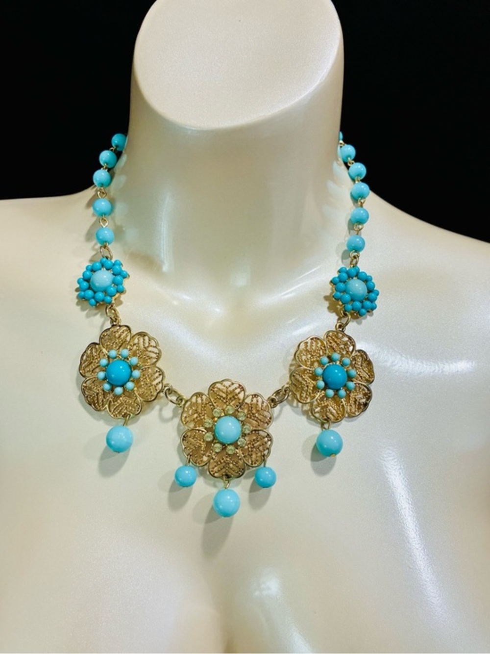 Turquoise Bead & Gold Flower Statement Necklace Renaissance Revival Bridgerton